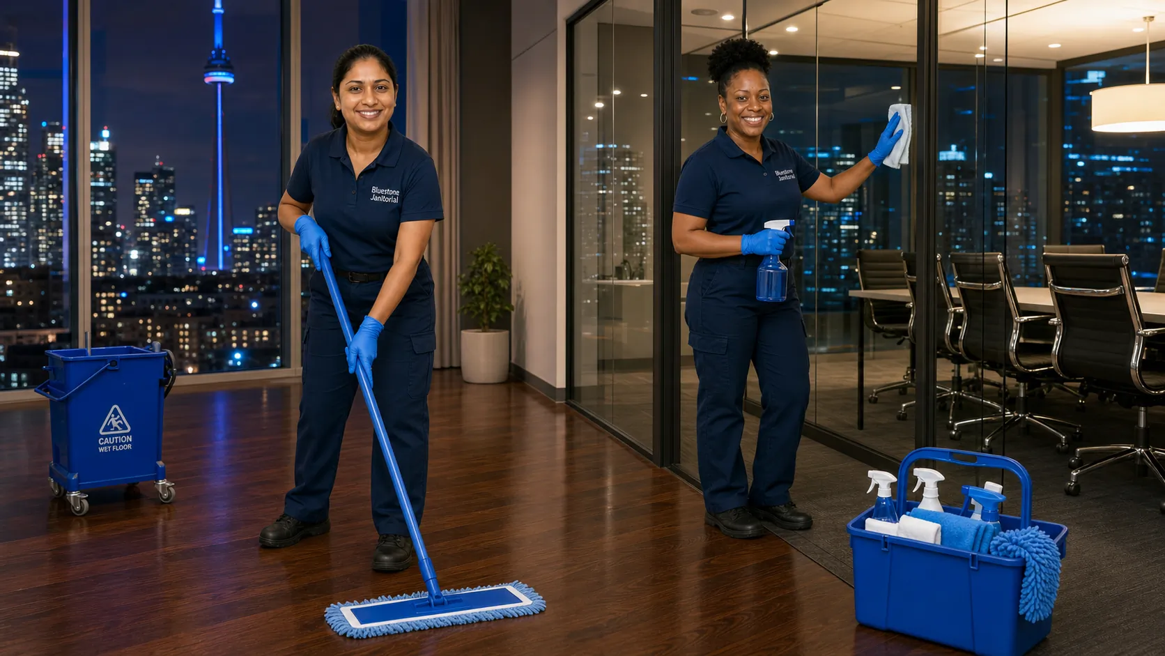 Bluestone Janitorial team cleaning a Toronto office at night