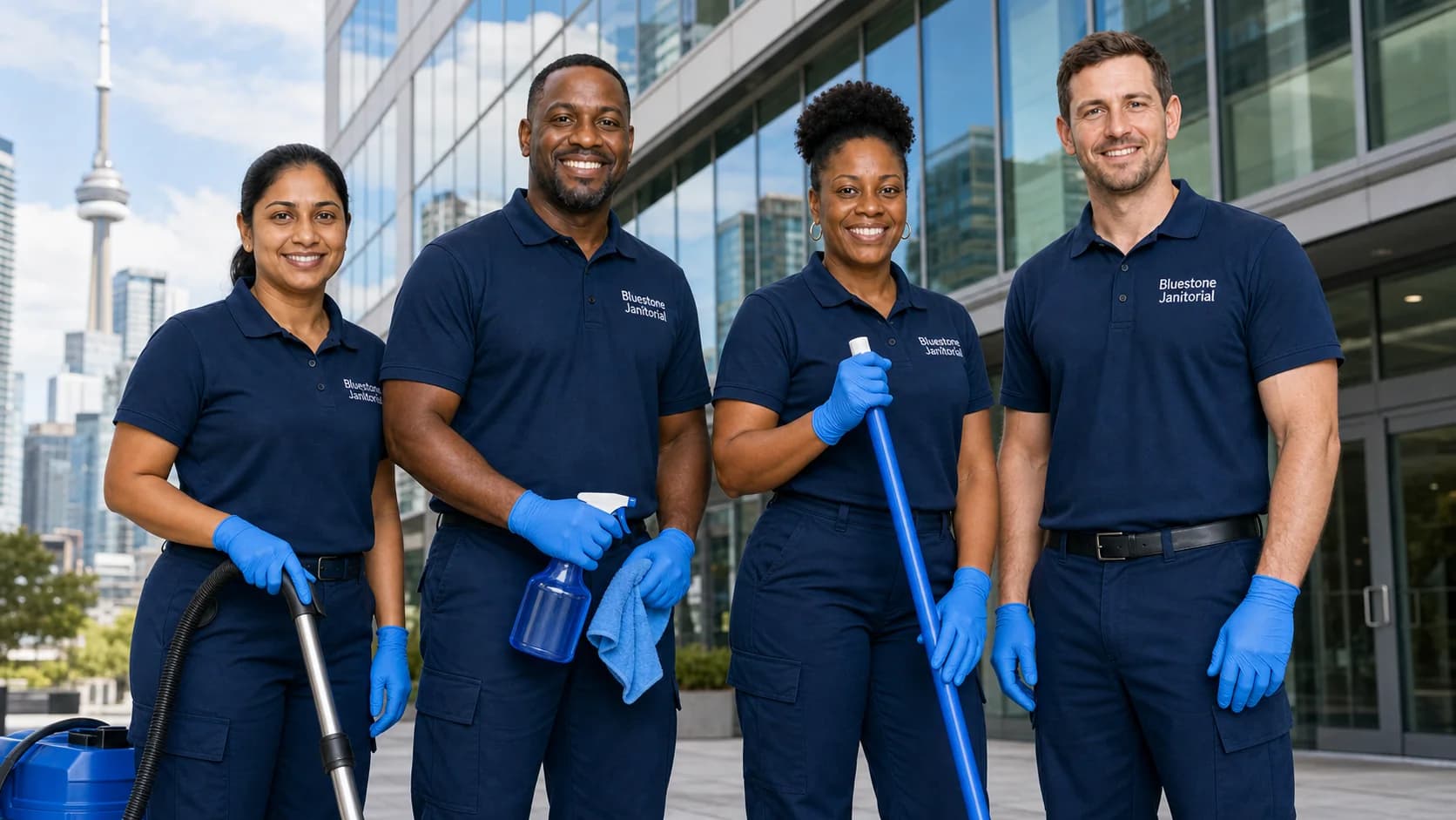 Bluestone Janitorial GTA cleaning team outside Toronto commercial building