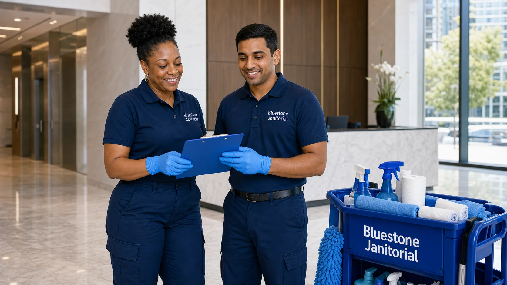 Bluestone Janitorial supervisor briefing team in Toronto office lobby