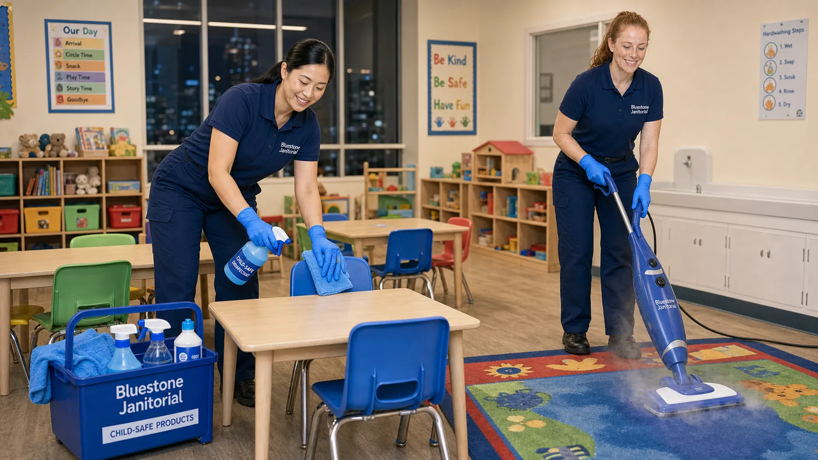 Daycare facility cleaning with child-safe products Toronto